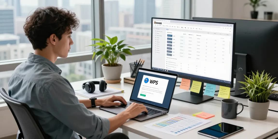 WPS Download interface on a laptop in a modern office workspace.