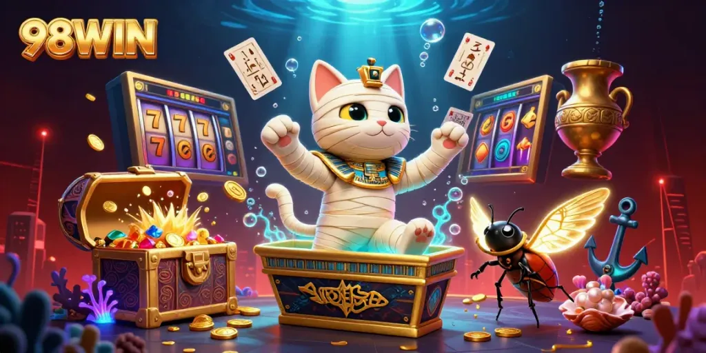 Experience the vibrant 98WIN casino scene with exciting game elements and cartoonish characters bursting with energy.