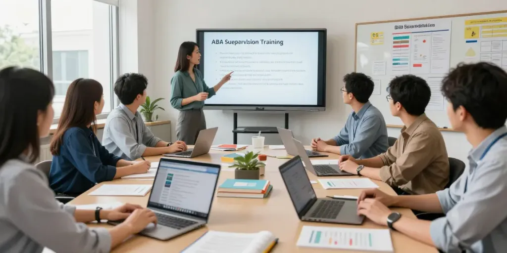 ABA supervision training in a modern classroom with engaged learners and educational materials.