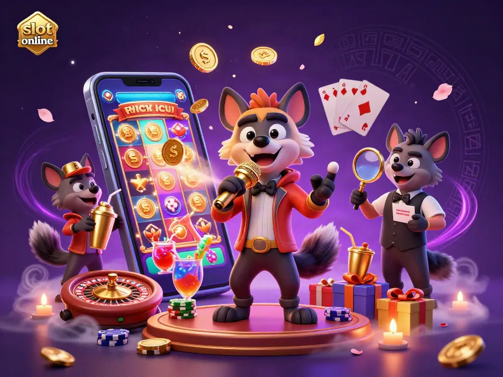 Experience the excitement of slot online gaming at a vibrant casino featuring lively hyenas.