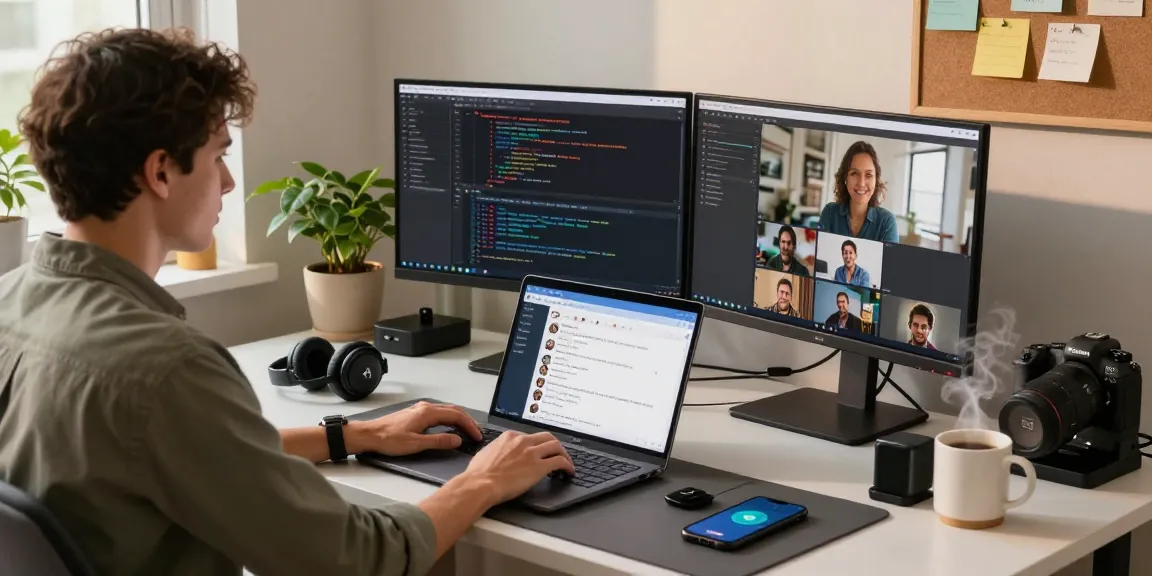 Using Telegram Web Version in a modern home office setup with laptops, monitors, and personal tech accessories, showcasing productivity.