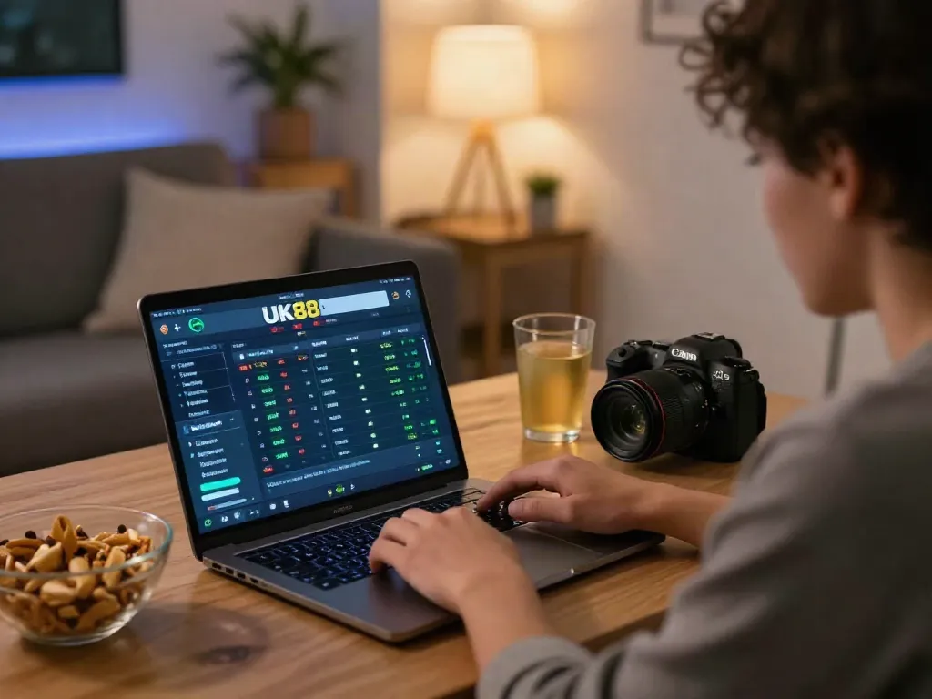 Engaged user on smartphone checking live sports odds at https://uk88win.org/ in a cozy living room.