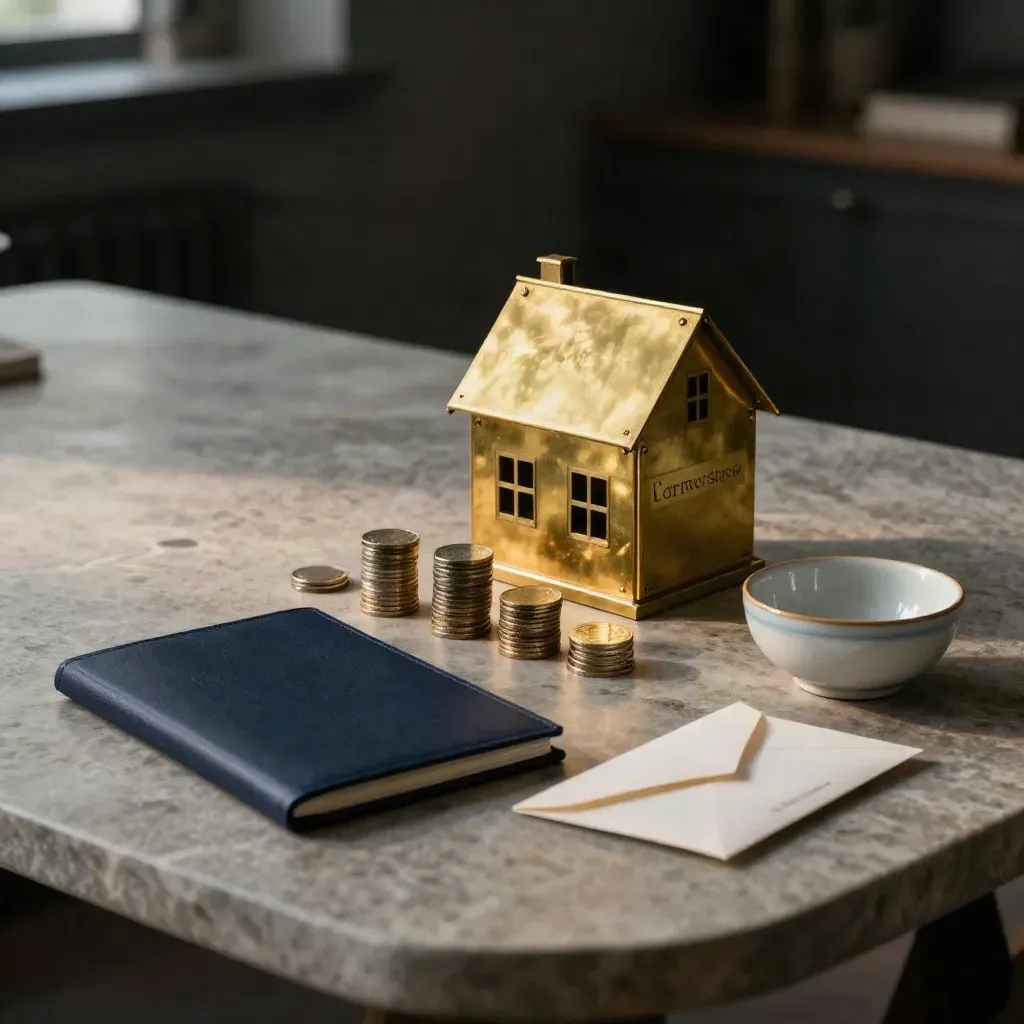 Brass house model, coin towers, navy binder and envelope on a stone table in soft haze.