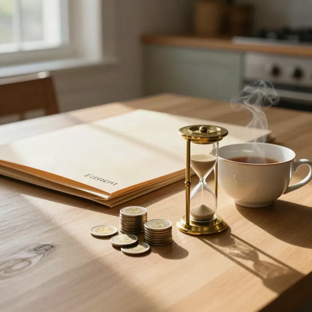 Warm finance still-life with coin stacks, hourglass, open folder and tea cup on a sunlit dining table