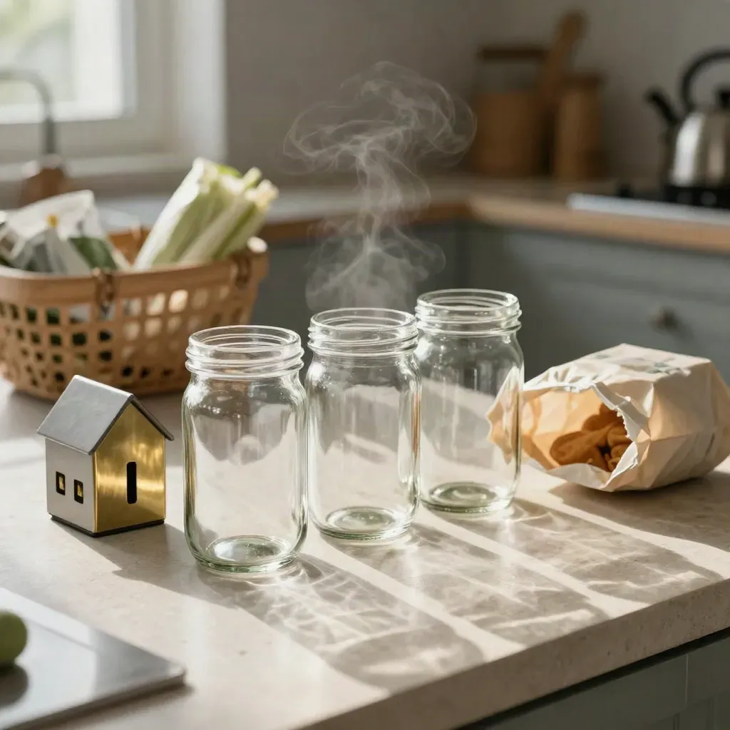 Budget jars and an open lunch bag on a kitchen island with steam and a coin bank