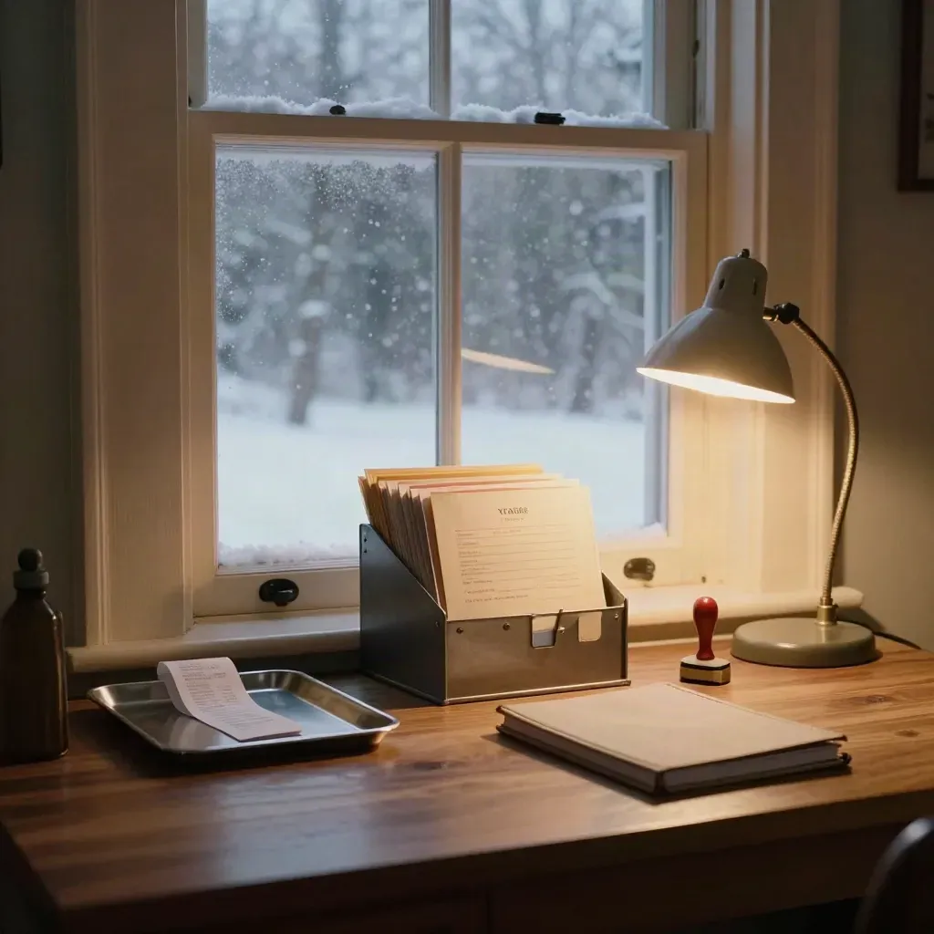 Winter home office with receipt tray, ledger, stamp and file rack beside a glowing lamp.