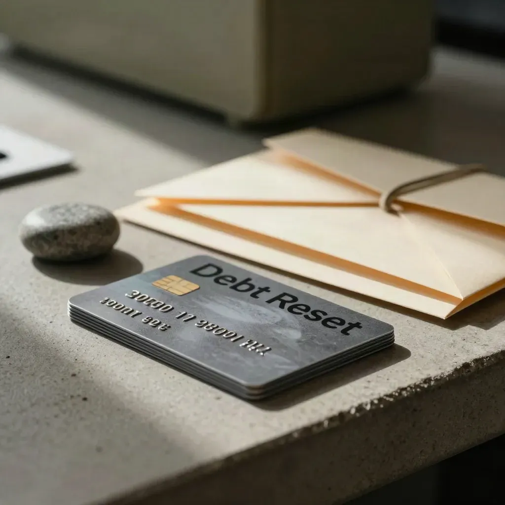 Macro of debt items stacked in a dim office: face-down credit card, sealed loan envelopes, stone, rubber bands.