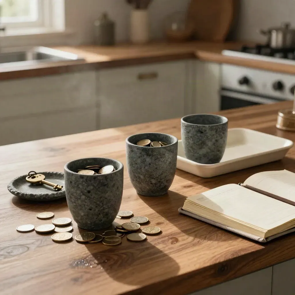 Slate coin cups, bill tray, key dish and planner on a walnut kitchen counter in morning haze.