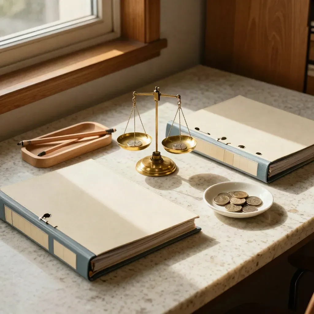 Top-down finance still life with binders, brass scale, pencil tray, and ceramic dish on sunlit travertine.