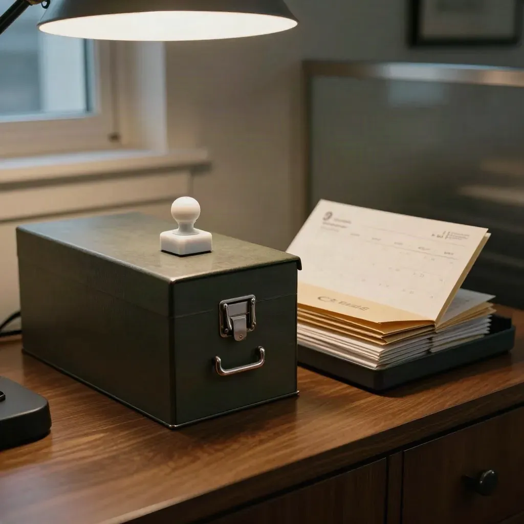 Closed file box, stamp, envelope tray and folded calendar page in a quiet office still life