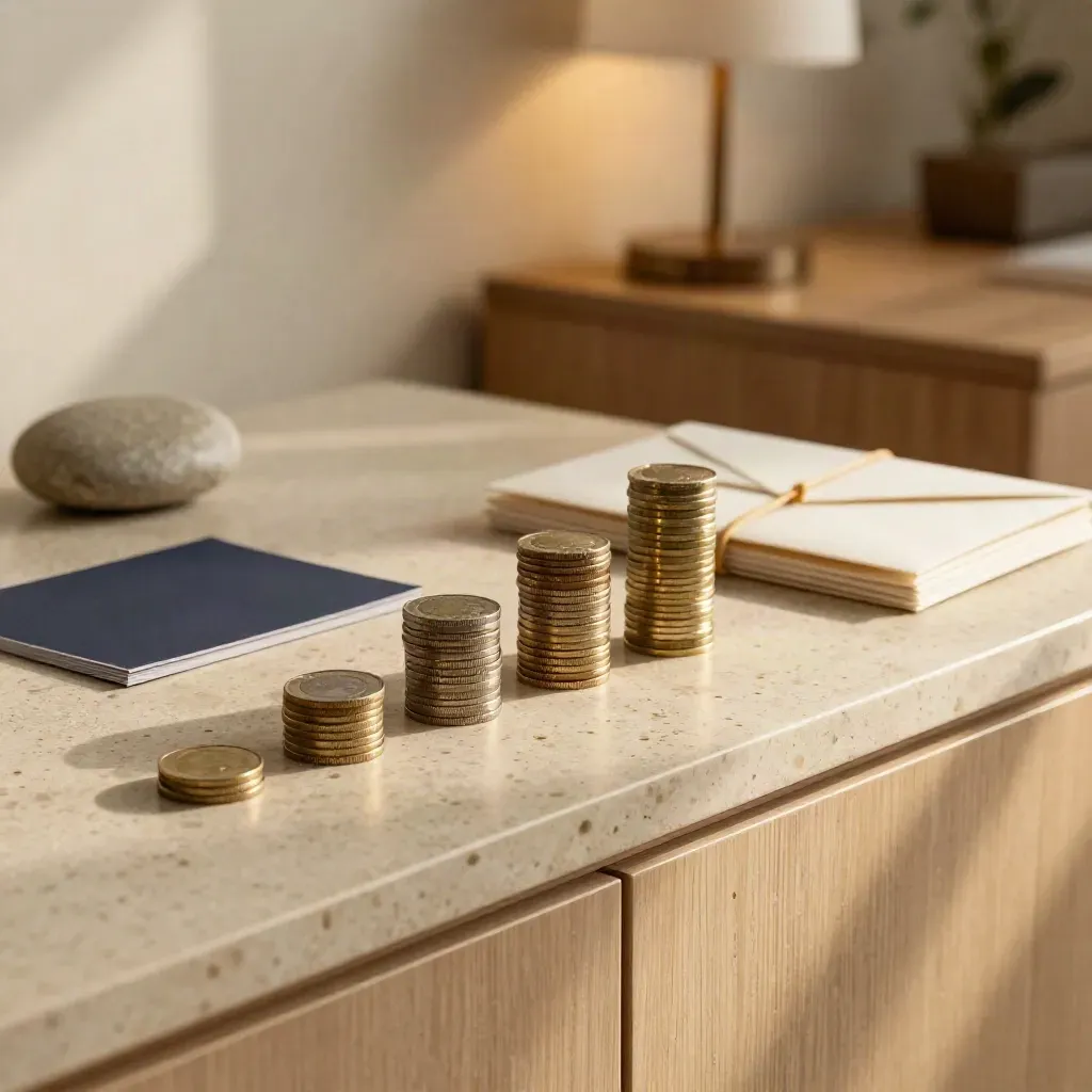 Descending coin stacks beside a face-down card, envelopes, and a smooth stone in warm window light.