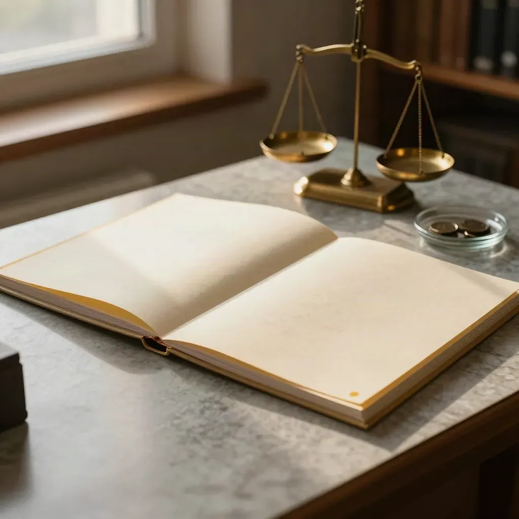 Two savings folders beside a brass coin scale and glass dish on a travertine desk in warm window haze.