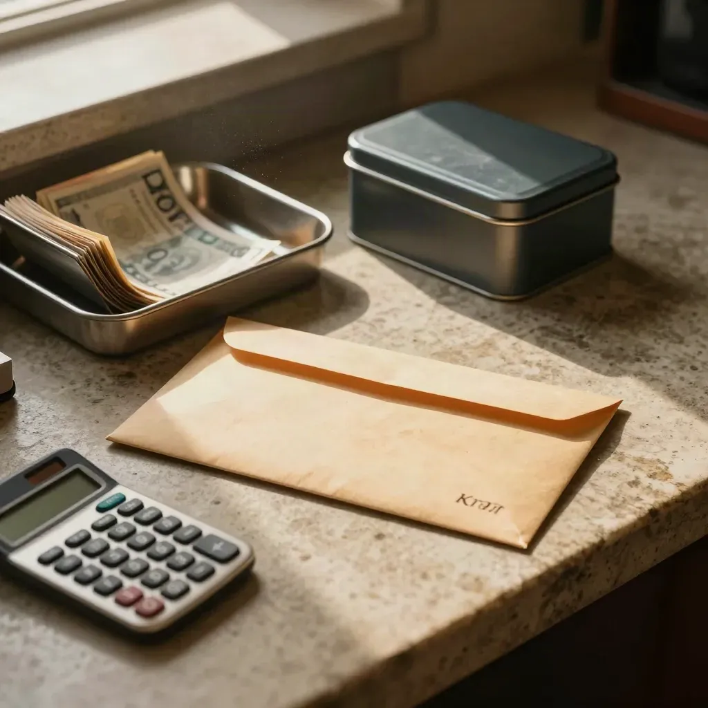 Pay envelope, tax tin, calculator, and cash tray on a dusty back-office counter.