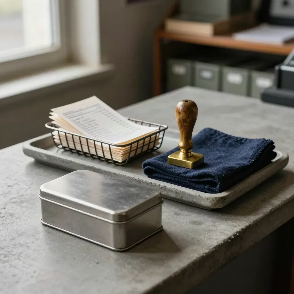 Cash tin, receipt basket, brass stamp and navy cloth on a stone tray in a shop counter still life.