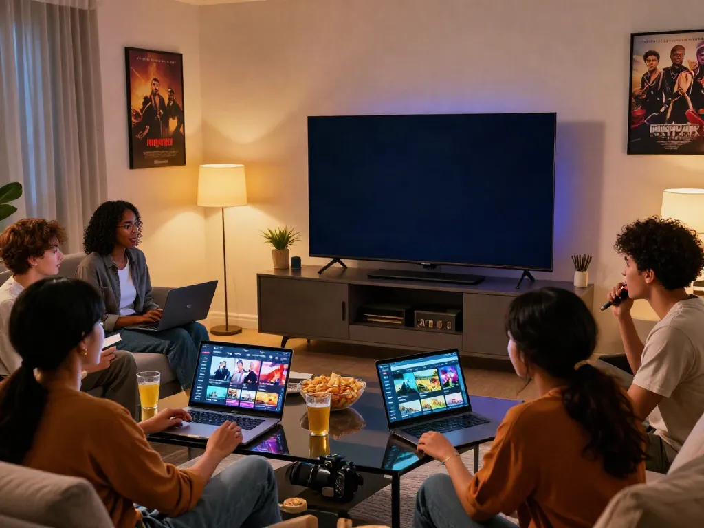 Exciting movie night with friends streaming on https://filmyzilla.is/ in a cozy living room.
