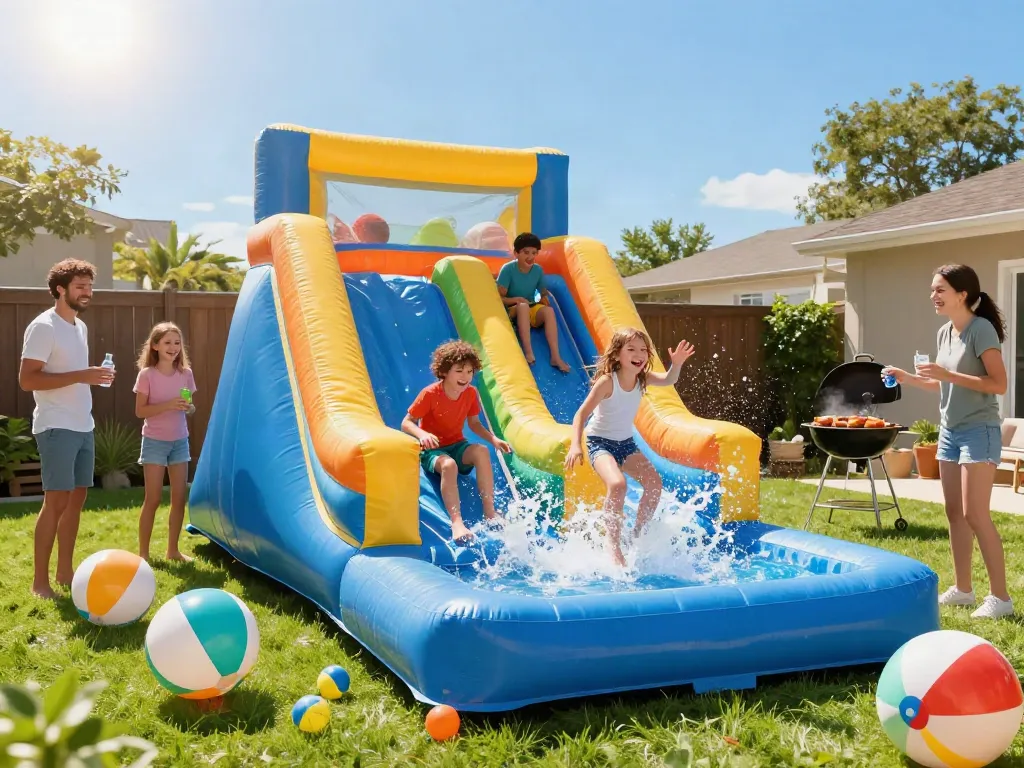 Children having fun on a water slide inflatable in a sunny backyard.