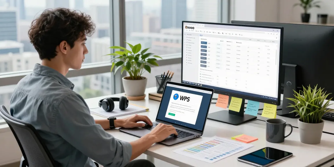 WPS Download interface on a laptop in a modern office workspace.