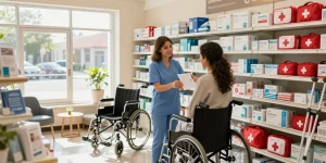 Customer receiving guidance in a medical supply store Canada, showcasing professional assistance with healthcare products.